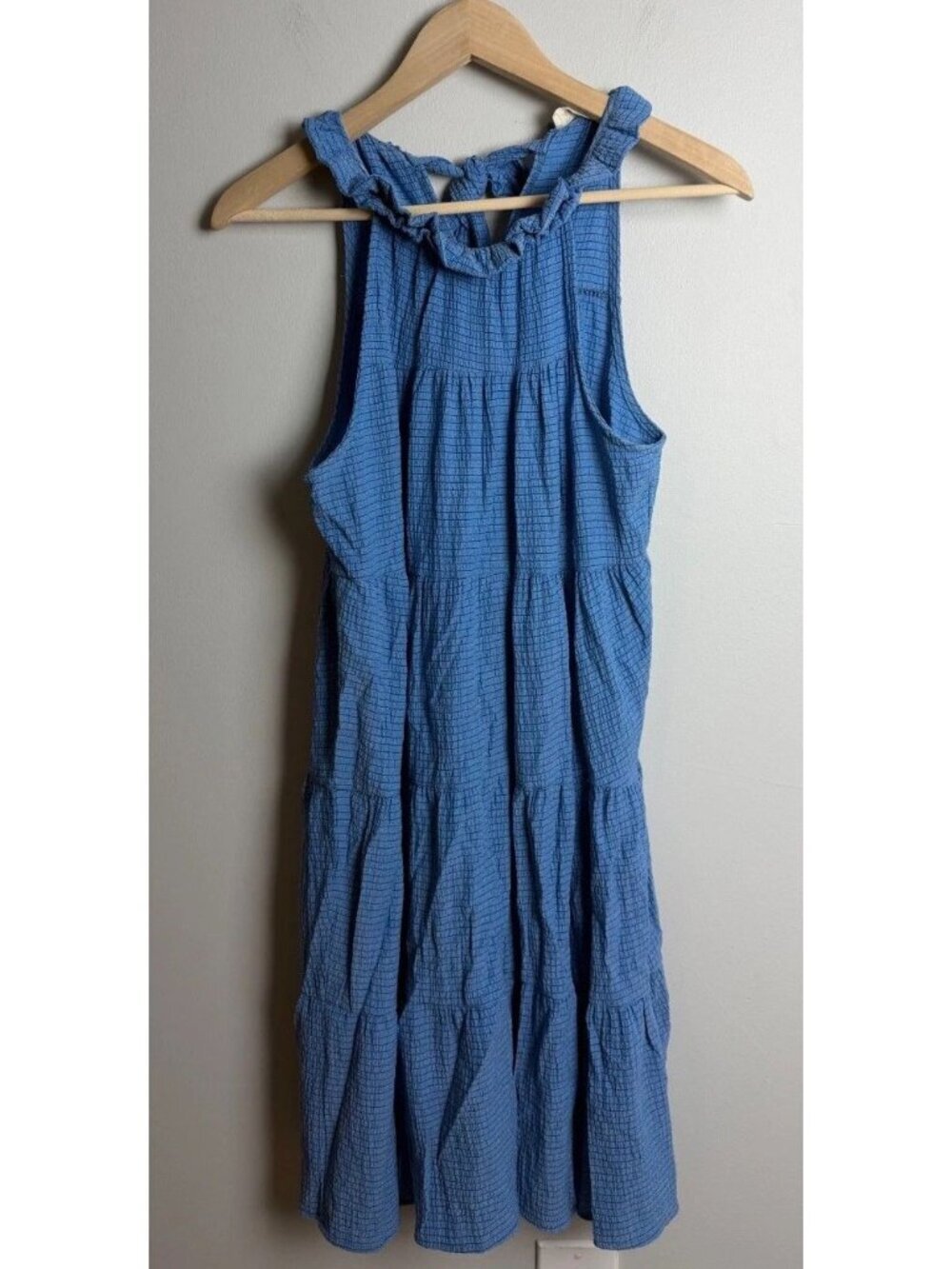 Adora Blue Tiered Halter Midi Dress Textured Ruffle Neck USA Made Size Medium